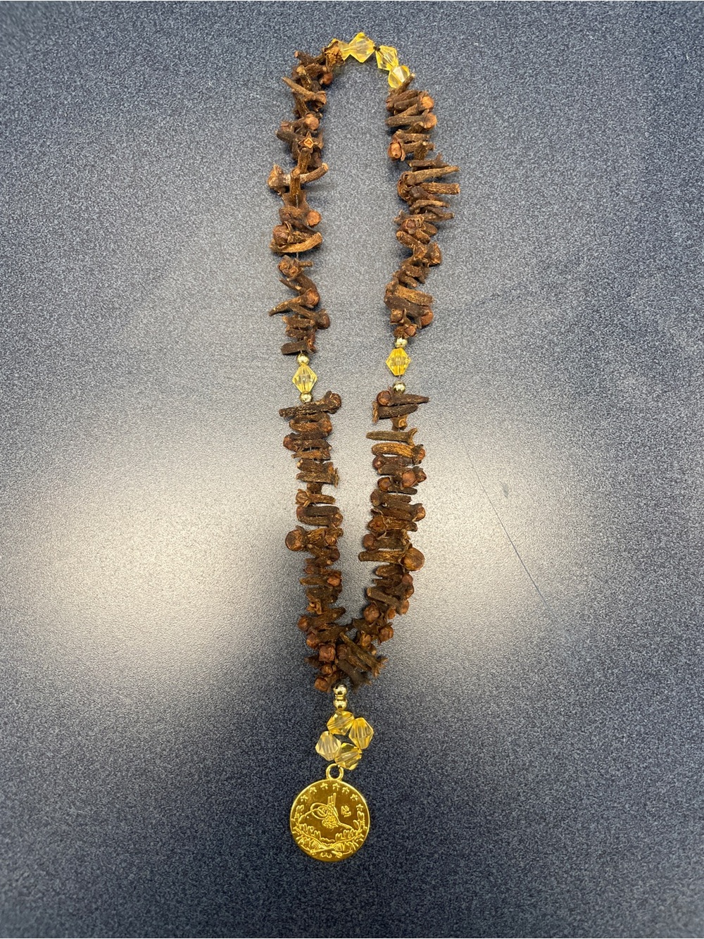 Brown Bead Necklace with Gold Coin Pendant